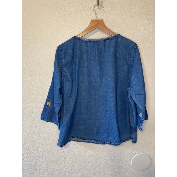 Erika Floral Embroidered Cottagecore 100% Cotton Chambray Button Up Blouse Large - Picture 3 of 9